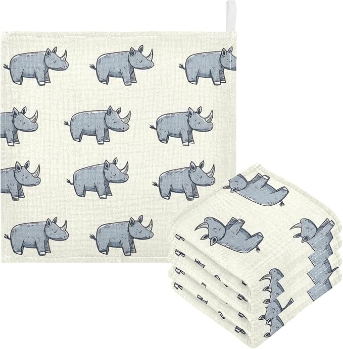 vvfelixl Cartoon Rhino Stick Figure Baby Burp Cloths Baby Muslin Washcloths for Boys Girls Cotton Babys Face Towel for Newborn Infants Soft and Absorbent 11.8 X 11.8 in, 5 Pack