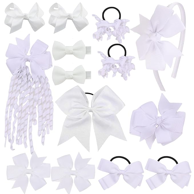 School Hair Accessories Set 14 Pcs Uniform Hair Bow Headband Clips Hair Ties Curly Korker Bows for Little Toddler School Girls (White)