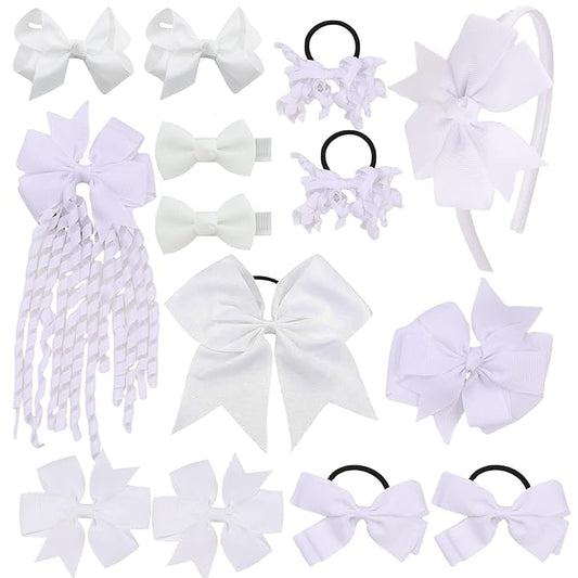 School Hair Accessories Set 14 Pcs Uniform Hair Bow Headband Clips Hair Ties Curly Korker Bows for Little Toddler School Girls (White)