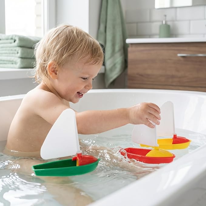 Toyvian DIY Bath Toy Boat & Sailboat 3PCS for Kids Toddler Mold-Free, Small Plastic Boats for Bathtub, Floating Pool Water Toys,Swim Play for Beach Lake Summer, with Educational DIY Sail Design