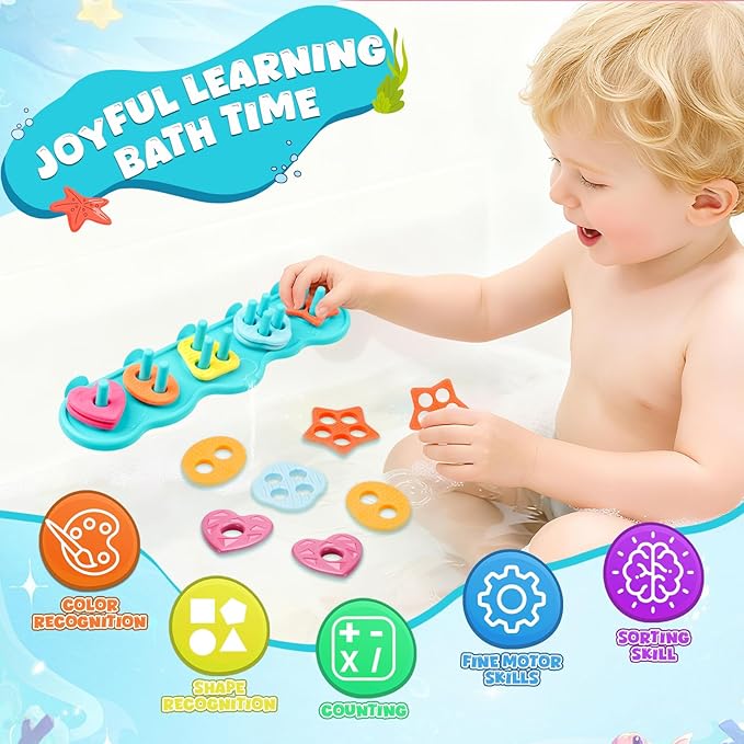 Baby Bath Toys, Mould Free Silcone Shape Sorting & Stacking Bath Toy Set, No Hole No Mold Silicone Color & Shape Sorter Bathtub Toy Early Learning Sensory Toys for Toddler