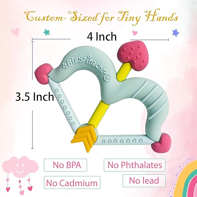 BIGSPINACH Teethers Heart Shape Silicone Baby Teether Toy Easy for Little Hands to Hold,Cupid Bow and Arrow Soft Teething Toy for Infants,Valentine's Gift for Girl or Boy (Green)
