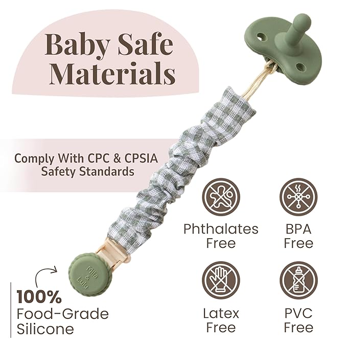 Muslin Cotton - Metal-Free Pacifier Clips, Lightweight and Secure Pacifier Holder for Babies (Olive Graine) - Mila & Lulu