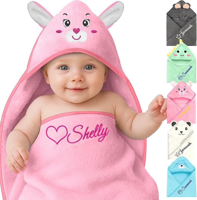 Personalized Baby Towels Hooded with Name, Custom Toddler Coral Velvet Fleece Bath Towel with Hood for Girl Boy, Customized Newborn Gifts - Embroidered (Pink Rabbit)