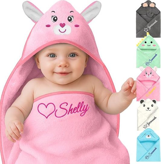 Personalized Baby Towels Hooded with Name, Custom Toddler Coral Velvet Fleece Bath Towel with Hood for Girl Boy, Customized Newborn Gifts - Embroidered (Pink Rabbit)