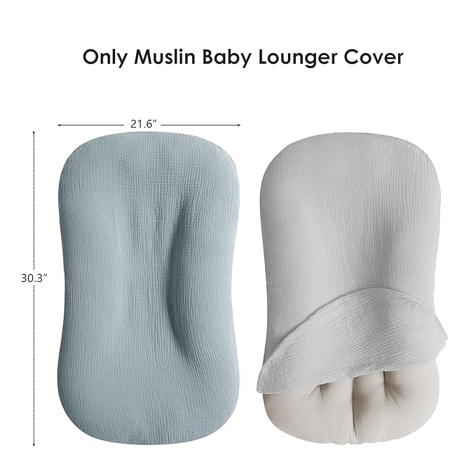 MairMore Muslin Baby Cover for Newborn, Soft and Breathable 100% Cotton Lounger Slipcover Neutral, Pack of 2(Blue, Grey)