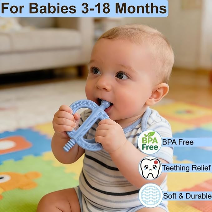 2-Pack Baby Teething Toys, Food Grade BPA-Free Silicone Baby Teether for 3-18 Months, Ring-Shaped Teething Toy for Babies, Multi-Textured Choke-Proof Easy Grip Teether for Infants (Khaki&Blue)