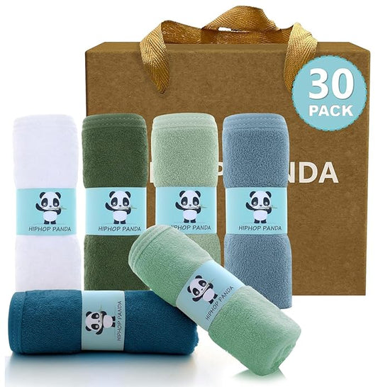 HIPHOP PANDA Baby Washcloths, Rayon Made from Bamboo - 2 Layer Ultra Soft Absorbent Newborn Bath Face Towel - Reusable Baby Wipes for Delicate Skin - Sage and Teal, 30 Pack