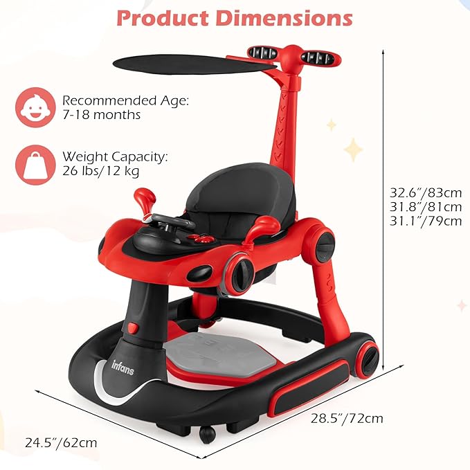 INFANS 6-in-1 Foldable Baby Walker, Converts Push Car to Bouncer, Rocker with Music, Lights, Adjustable Height & Speed, Activity Center, Canopy for 7-18 Months (Red)