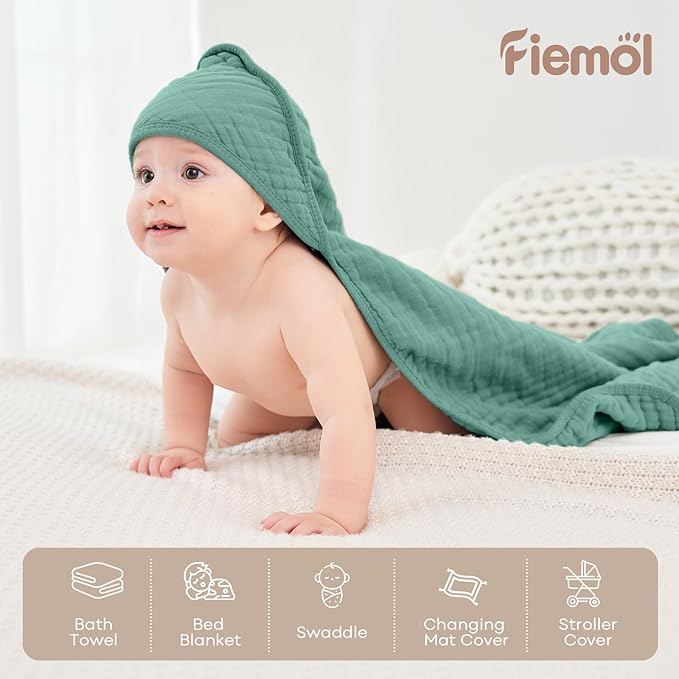 Baby Bath Towels, 100% Muslin Cotton Hooded Baby Towels for Newborn, 2 Pack Baby Towels with Hood for Infant Toddler and Kids, Large 32x32Inch, Soft and Absorbent