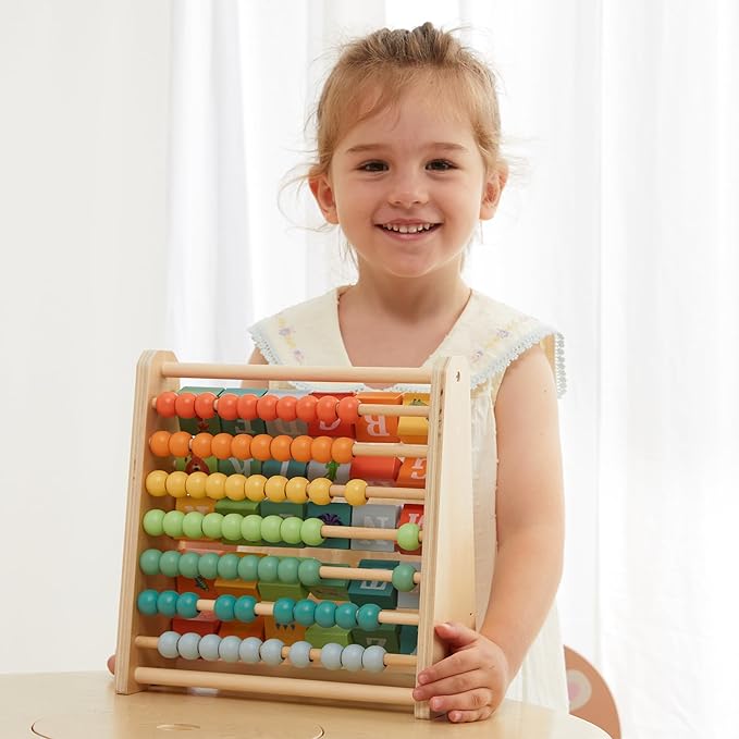 FReniland Wooden Activity Cube - Double-Sided Abacus & Alphabet Flip Tiles for Toddlers 18M+, Educational Learning Toy for Math and ABC Fun