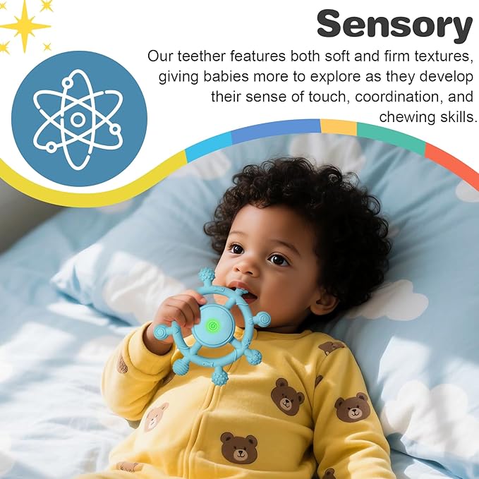 YOFUN 3-Speed Vibrating Baby Teether – Soothing Silicone Teething Toy for Infants 3M+, Food-Grade, USB Rechargeable – Soft & Safe Gum Relief for Babies (Blue)