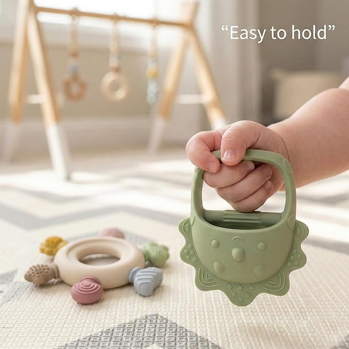 Baby Teething Toys 2 Pack, Dinosaur Mitten Teether and Ring Sun Teether with 6 Chewing Points, Silicone Chew Toys for Infants 0-6 6-12 Months, BPA Free Soothing Gum Relief Set (Green)
