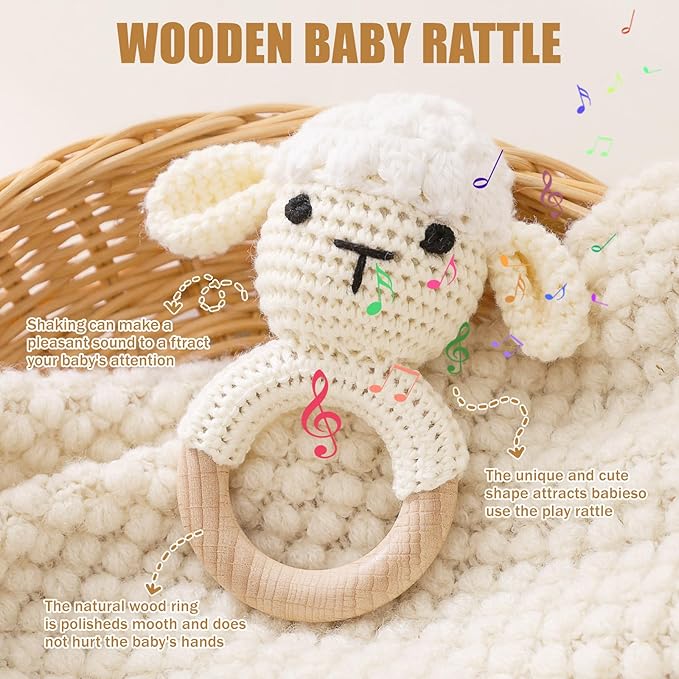 Wooden Baby Rattle, Crochet Lamb Rattle, Newborn Wooden Animal Rattle Toy, Infant Rattle Toys