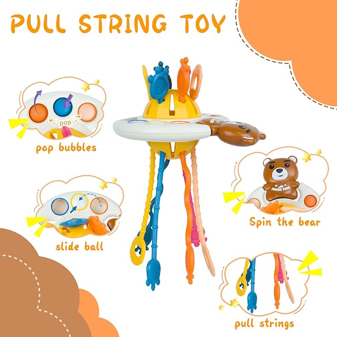Montessori Baby Sensory Toys for 6 to 18 Months, 6-in-1 Travel Set with Silicone Pull String Activity, Koala Stacking Rings and Shape Sorter, Fine Motor Learning Gifts for 1 Year Olds