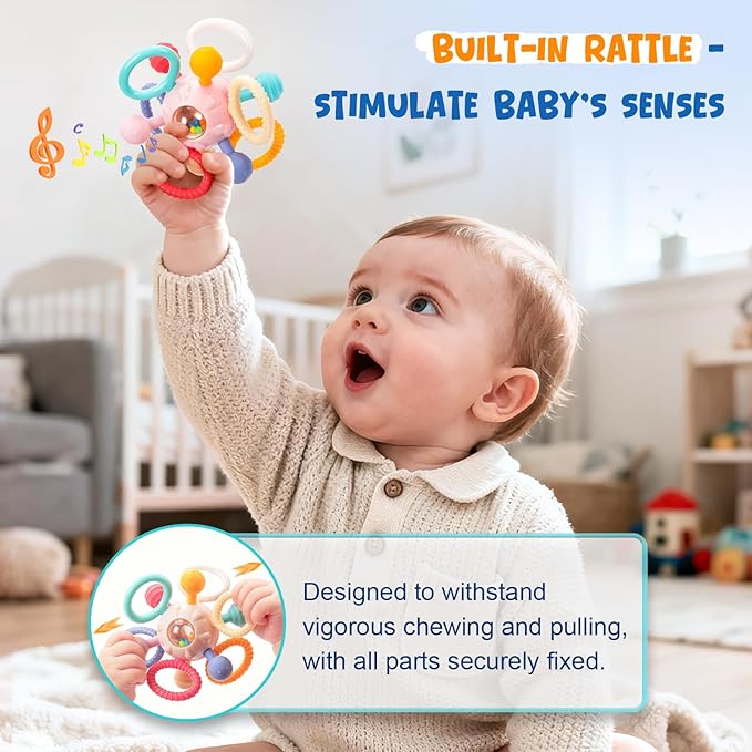 Easter Baby Teething Toys for 0-6 6-12 Months, BPA Free Food Grade Silicone Teether, Infant Sensory Chew Rattles Toys, Perfect Baby Easter Basket Stuffers & Easter Gifts, Light Pink