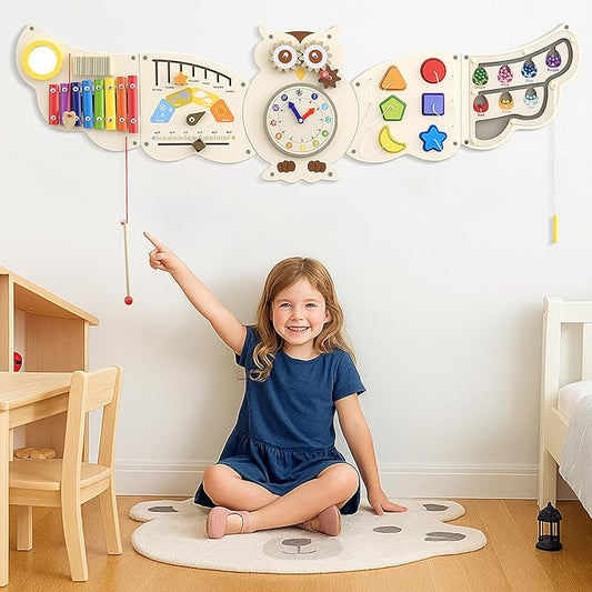Owl Activity Wall ToysBusy Board, Wooden Montessori Sensory Toys, Learning Activity Center for Playroom,Daycare, Nursery, Classroom, Educational Toys for Toddler