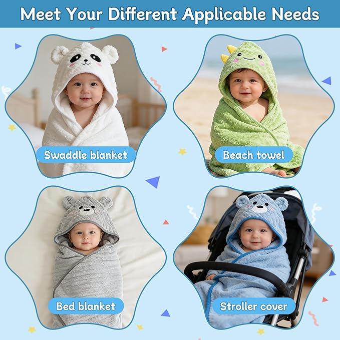 14 PCS Baby Bath Towels Set, 4 PCS Animal Hooded Baby Towels & 10 PCS Washcloths, Ultra Soft & Absorbent Newborn Bath Towels for Infants Toddlers