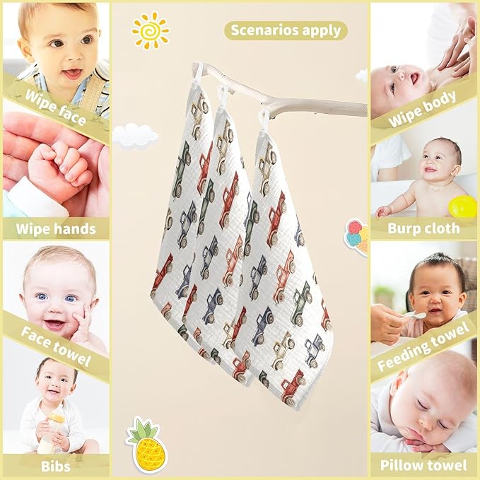 vvfelixl Baby Muslin Washcloths Vintage Trucks Jeeps Baby Burp Cloths Cotton Babys Face Towel for Newborn Infants Boys Girls Soft and Absorbent 11.8 X 11.8 in, 3 Pack