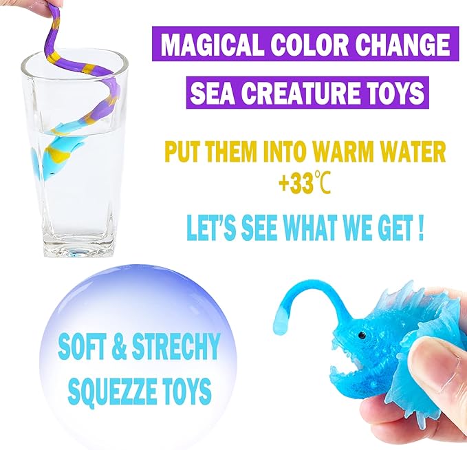 Color Changing No Hole Bath Toys for Kids Toddlers, Color Change Water Table Bathtub Toys Sea Creatures Rubber Fish for Kids & 2 Glow in The Dark Ocean Animal with Bath Book