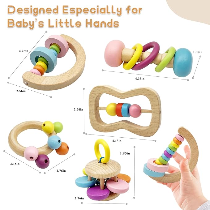Wooden Baby Rattle, Organic Colorful Baby Rattles Set, Toddler Hand Wooden Rattles Toy Set for Infant Grasping, Sensory Development, Gift for Baby Boys Girls