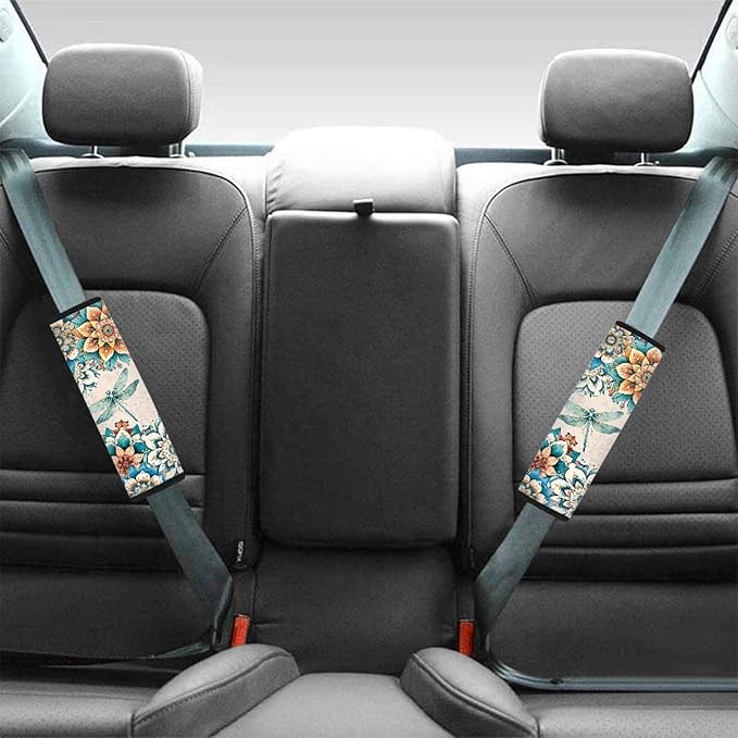 FOR U DESIGNS Car Seat Strap Cover Boho Floral Dragonfly Seat Belt Cover Pad for Adults 2 Pack Car Seat Strap Shoulder Pads Universal Fit