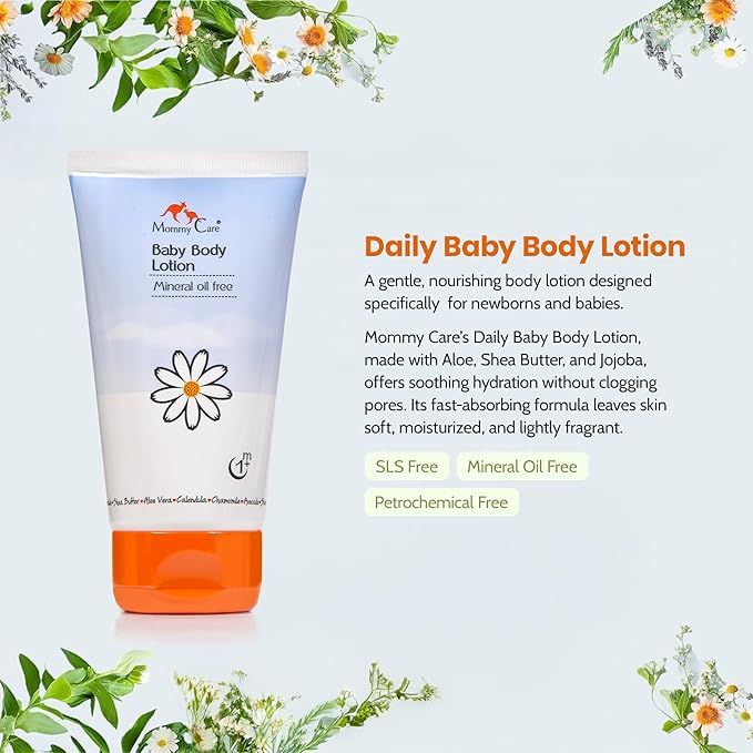 Mommy Care Organic Baby Body Lotion Organic Skin Cream for Babies Natural Moisturizing and Soothing Formula Great for Normal, Dry and Sensitive Skin with Calendula, Aloe Vera 120 ml/ 4.06 oz