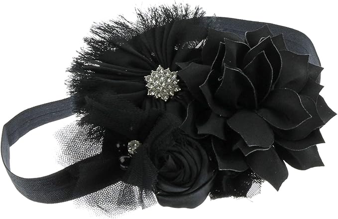 My Lello Headband Shabby Fabric Flower Cluster Baby - Infant - Toddler - Girl Stretchy Elastic Black