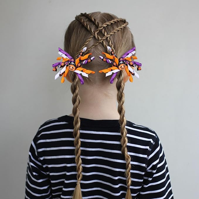 Halloween Pumpkin Korker Hair Bows for Girls,4 Pack Black Orange Purple Curly Ribbon Alligator Clips for Kids Teens Toddler Baby Women Holiday Party Costume Dress Decor Accessory Gift