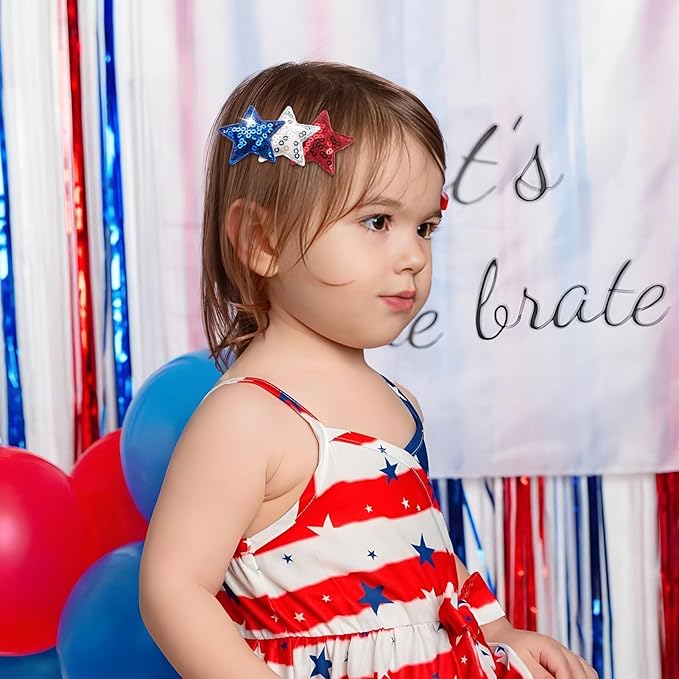 4th of July Baby Hair Clip Patriotic Star Bow Sequin Star Alligator Clip for Newborn Toddler 4th of July Hair Accessories for Kid Blue Red White Bow