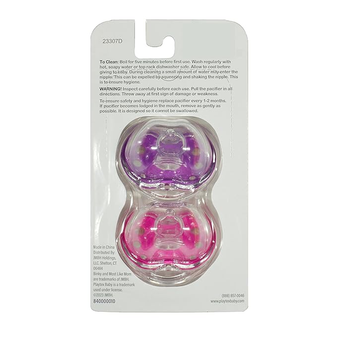 Playtex Baby Binky Orthodontic Pacifier with Snap-On Cover, Air Comfort Shield, Medical Grade Silicone, Up to 6 Months, Pink & Purple (2 Count)
