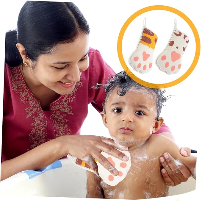 CHILDWEET Baby Bath Sponge 2 Pack Cartoon Paw Shape Kids Bath Towels Soft Exfoliating Mesh Scrubber for Toddler Body Cleaning