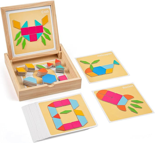 Wooden Magnetic Pattern Blocks Set, 130 PCS Montessori Tangram Puzzle with Design Cards, STEM Educational Learning Toys for Toddlers & Kids Ages 4-8, Creative Gift for Boys & Girls