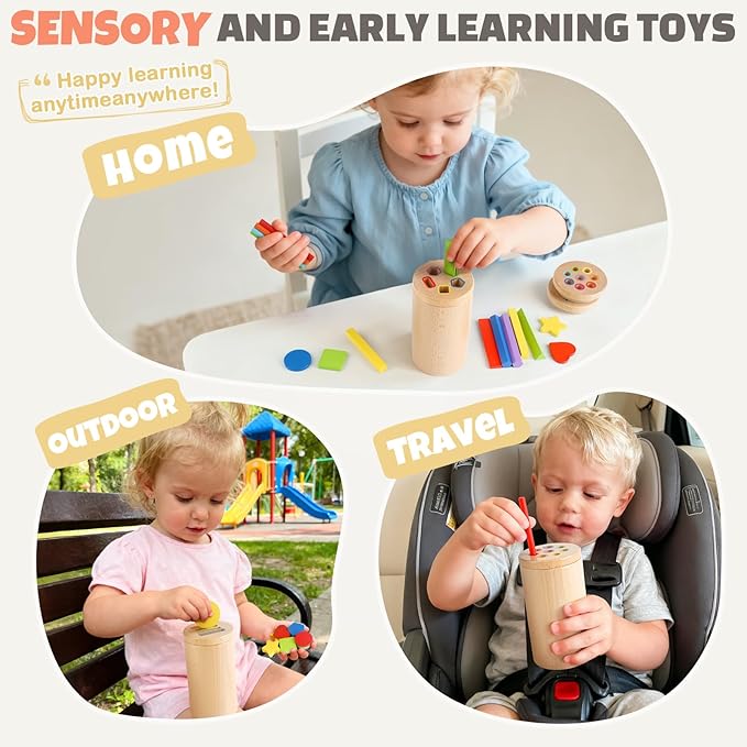 DINORUN Wooden Montessori Toddler Toys - 3 in 1 Sensory Toys for Color Shape Matching, Learning Fine Motor Skills, Educational Toys for Toddlers 1-3, Travel Toys for Boys Girls Gifts