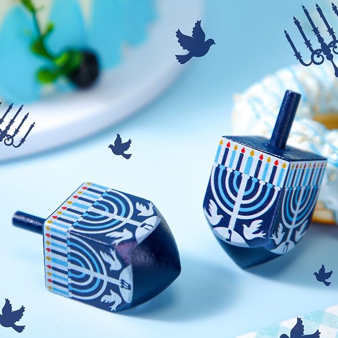 Wonderjune 2 Pcs Hanukkah Dreidels Extra Large Wooden Dreidel for Hanukkah Decoration with English Transliteration, Forever Spinning Tops Party Favors(Candlestick)