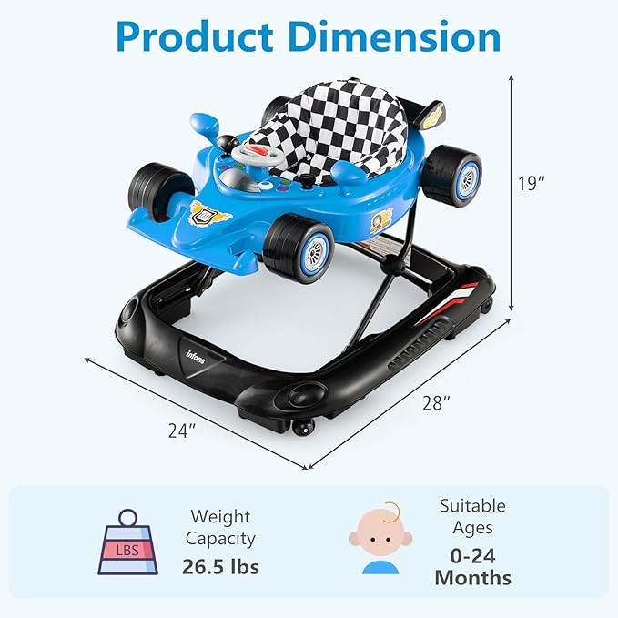 INFANS Foldable Baby Walker, 3 in 1 Toddler Activity Center Leaning-Seated Walk-Behind with Steering Wheel, Adjustable Height, Lights, Music, Washable Seat Cushion (Blue)