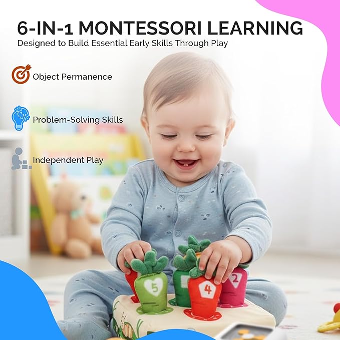 Montessori Baby Toys 10-12 Months, Montessori Toys for 1 Year Old, Baby Sensory Toys for 10-12 Month Infants - A Sliding Box, Puzzle, Switchboard, Pulling Carrots, Doll, Fruit Flash Cards