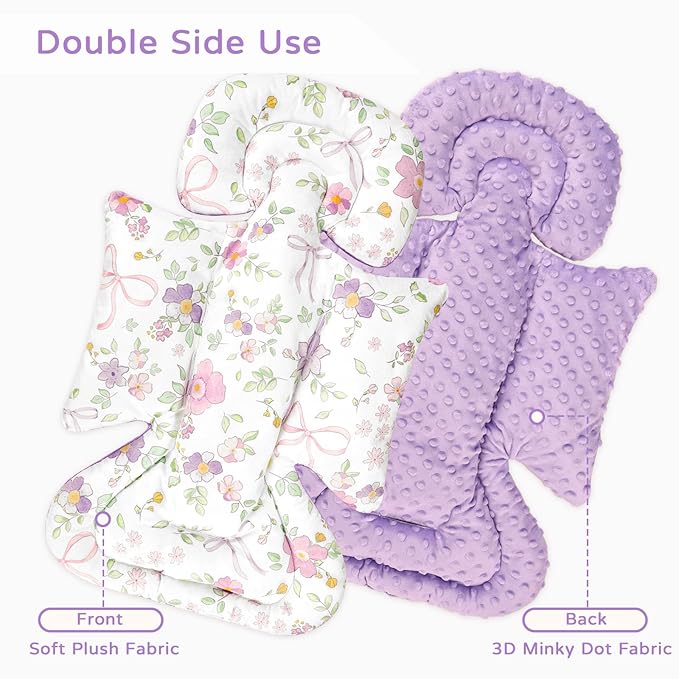 SWESEN Infant Car Seat Insert with 3 Strap Covers Set, Car Seat Head Support Baby for Girls, Soft 3 in 1 Baby Car Seat Cushion for Strollers, Bouncers, Swing, Purple Floral