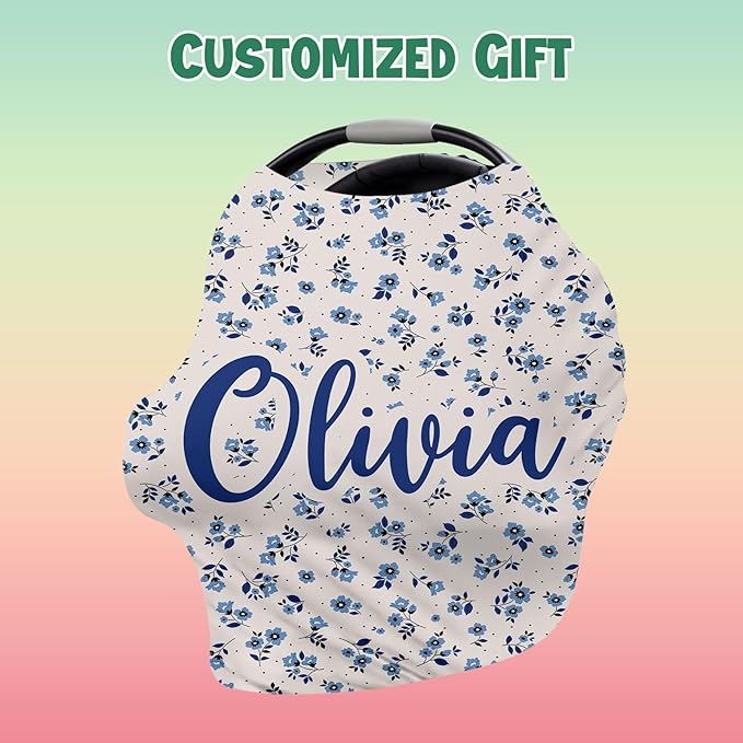Custom Name Car Seat Canopy - Baby Car Seat Covers, Infant Stroller Cover, Carseat Canopy Christmas Birthday Gifts for Girls and Boys Blue Flower Printing