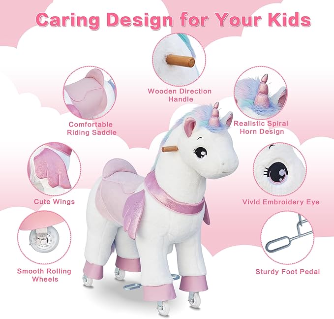 Ride on Unicorn Toys for Kids, Ride on Toy for Girls 4 to 9 Years Old, 36.6'' Height Riding Horse Rider Mechanical Walking Action Plush Animal, No Battery or Electricity, Max Load 165LBS - Colorful