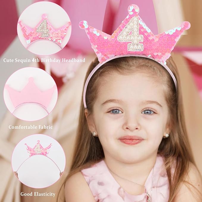 Birthday Crown Headband Pink Glitter Birthday Headbands for Girls 4 Year Old Girl Gifts 4th Birthday Decorations