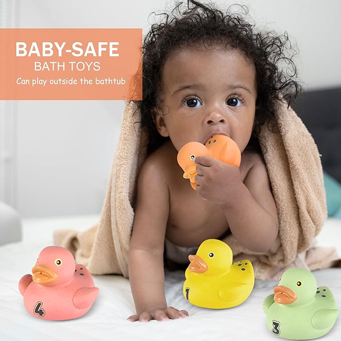 Bath Toys for Toddlers 1-3, 8 Pcs No Hole Wheat Straw Rubber Ducks, Christmas Stocking Stuffers Gifts for Boys & Girls 6-12 Months, Floating Baby Bath Toys for Sensory Learning & Education