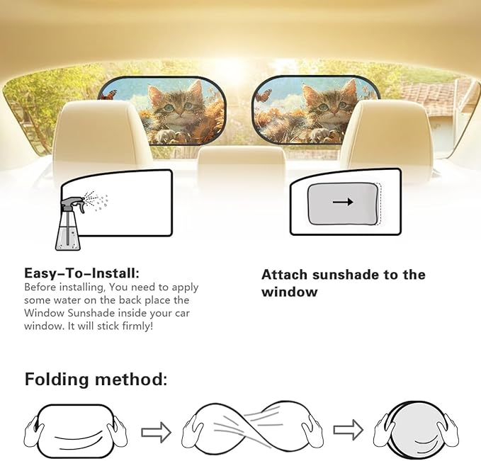 Bulopur Cute Cat Print Car Window Shades 2 Pack Car Window Covers Easy to Install Car Sun Shade Side Window Sun Protection and Sun Shade Blocker Universal Car Sun Shades