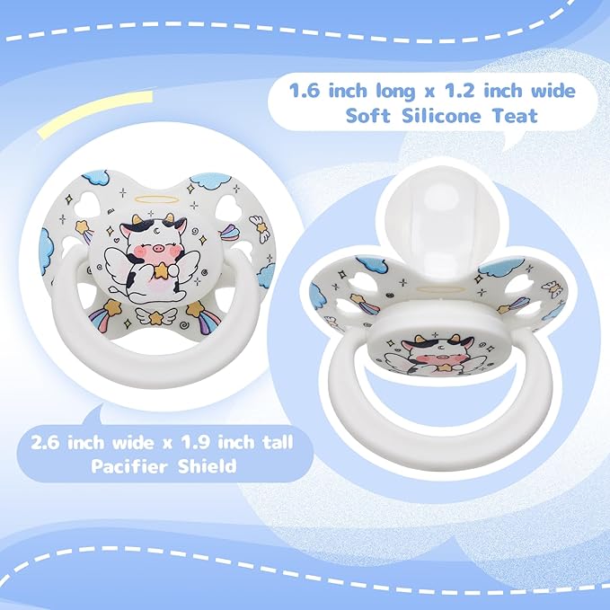 Cute Adult Size Pacifier for Anxiety: Angel Cow Soft Silicone Heart Shaped Paci for Stress Relief and Autism - Bigshield Binky for Sleep Gag Gift with Case White