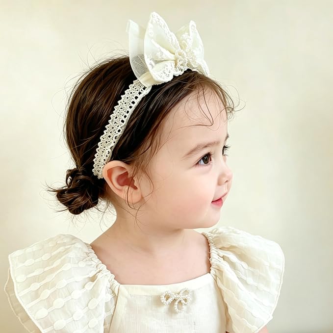 Baby Girls Bow Lace Headband Cute Soft Hairband White Butterfly Knot Headbands for Newborn Infants Toddlers Kids Christening Baptism Birthday Party Hair Accessories（Beige C）