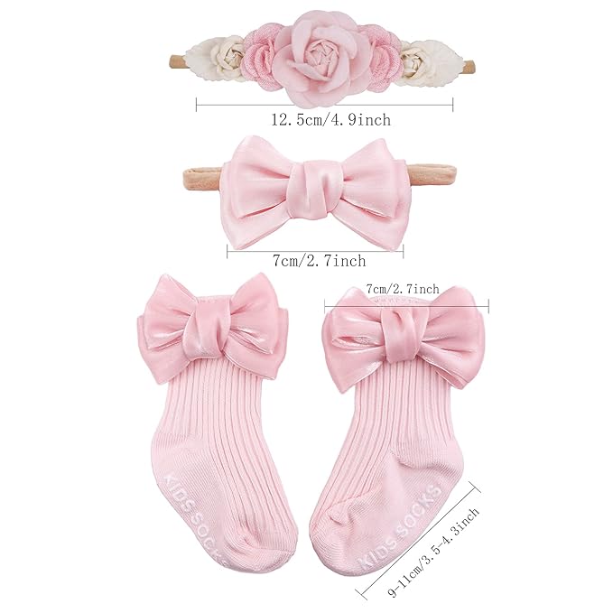 cherrboll Baby Girl Headbands and Socks Set, 3Pcs Soft Floral Hairbands Hair Bows Knit Socks for Newborn Infants Toddlers Photography Props Gifts