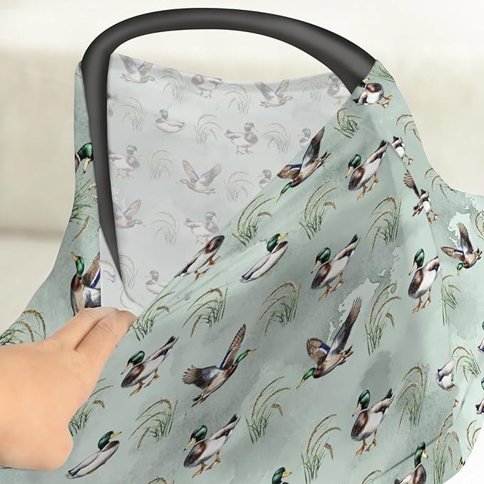 Vintage Mallard Duck Car Seat Cover for Babies Hunting Duck Green Leaves Stretchy 5-in-1 Cover Adjustable Infant Carseat Canopy Cover Wild Duck Animal Breathable Nursing Cover-Up