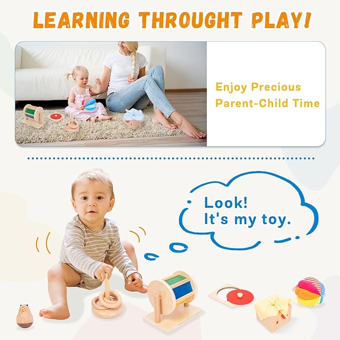 Adena Montessori Play Kit for 5-6 Months Baby,8 in 1 Learning Educational Toys for Toddler,Include Rainbow Spining Drum,Mirror Puzzle,Baby Tissue Box and More,Christmas Birthday Gift for Boys Girl