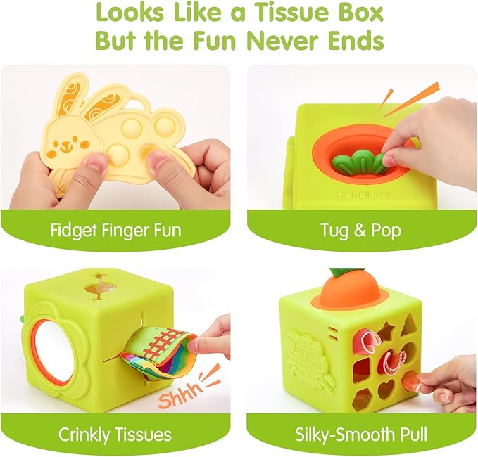 hahaland Silicone Baby Tissue Box Toy - Baby Toys 6-12 Months Montessori Toys for 6 Month Old Babies, 6-in-1 Soft Busy Activity Cube with Scarves, Crinkle, Textures, Mirror, Sensory Popper 9 Month Old