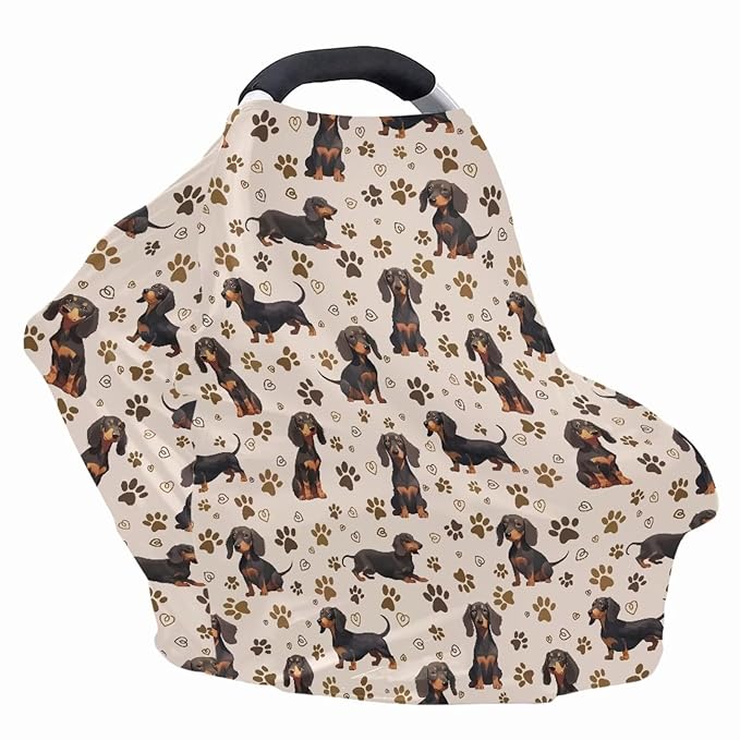 GIFTPUZZ Cute Dachshund Baby Car Seat Covers, Nursing Cover Breastfeeding Soft Infant Carseat Canopy, Stretchy Breathable Cover for Stroller High Chair, Shopping Cart Canopies Newborns Gifts